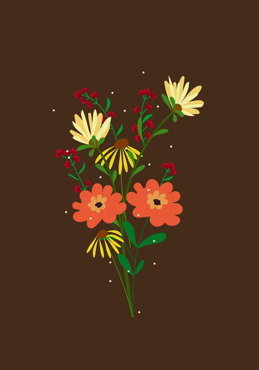 Illustration bouquet de fleurs colorés rouge, jaune et feuilles vertes